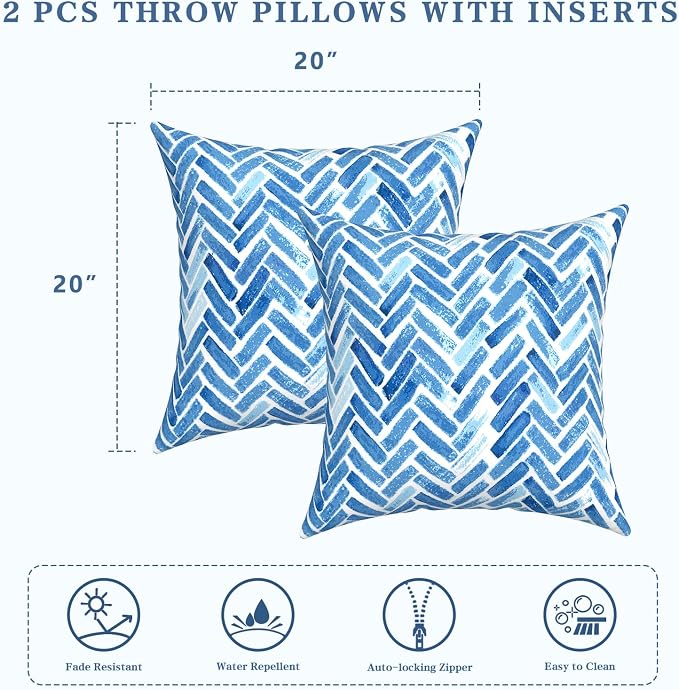 LVTXIII Outdoor Throw Pillows, Decorative Throw Pillows with Inserts, 20"x20" Square Pillows for Bed, Couch, Sofa and Patio Furniture, Set of 2, Blue Bricks