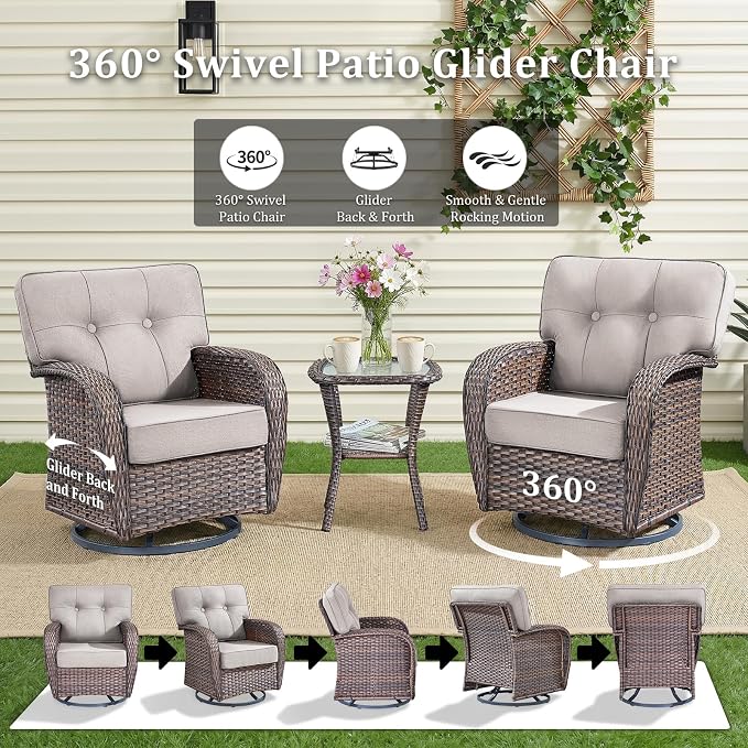 7 PCS Patio Furniture Set with Fire Pit Table, Outdoor Sectional Sofa Couch with Rocking Swivel Chairs 5" Deep Seat Chairs, Modern Wicker Rattan Conversation Set, Beige/Brown Wicker