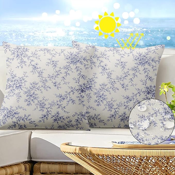 Outdoor Throw Pillow Covers, Blue Floral, 18 x 18 Inch, Set of 2 | Flower waterproof square cushion case pillowcase decorative pillows for farmhouse garden couch beach patio