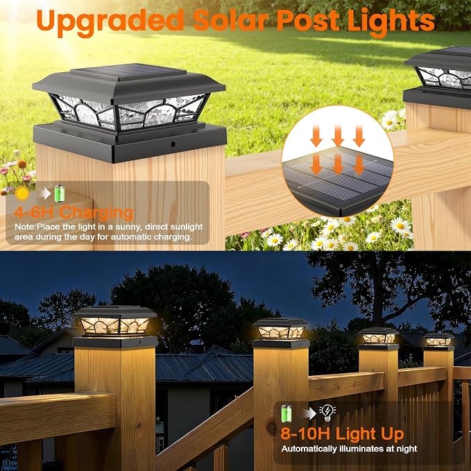 4x4 3.5x3.5 Solar Post Cap Lights 12-Pack Black | 2 Modes (Warm/Cool White), 16LEDs, for Wooden/Vinyl Posts, IP65 Waterproof, Outdoor, for Fence, Deck, Patio, Yard, Porch