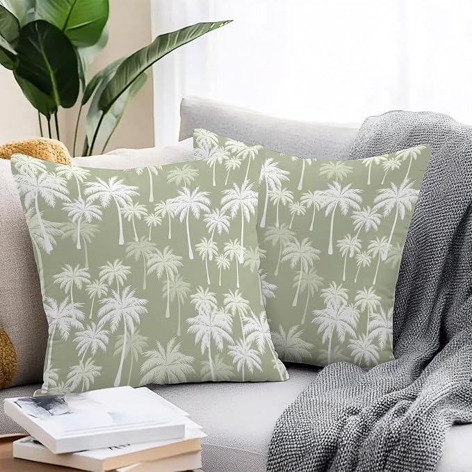 Throw Pillow Covers 18x18 Inch Set of 2, Tropical Palm Tree Waterproof Outdoor Pillow Covers, Sage Green Plants Coastal Leaf Beach Decorative Cushion Pillowcases for Couch, Sofa, Bed, Garden, Patio