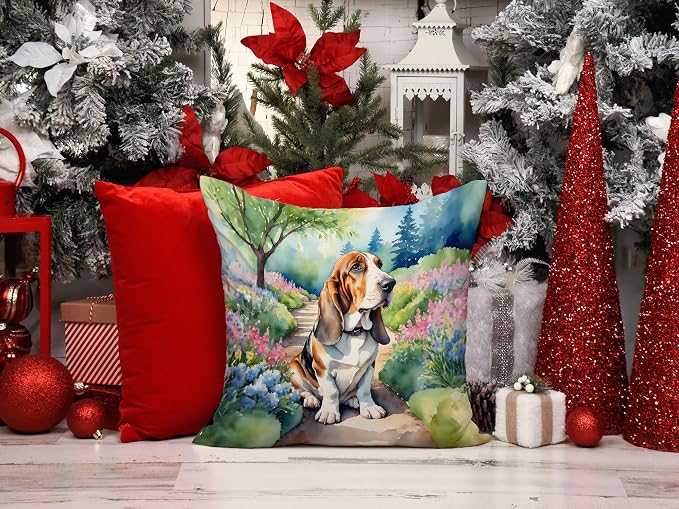 Caroline's Treasures Basset Hound Spring Garden Throw Pillow Machine Washable, Indoor Outdoor Decorative Pillow for Couch, Bed or Patio, 14Hx14W