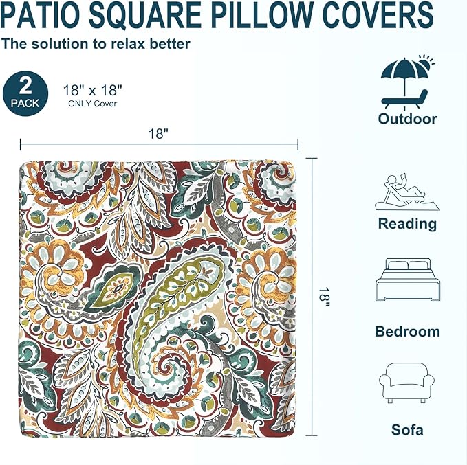 DYTXIII Pack of 2 Outdoor Waterproof Pillow Covers ONLY, 18"x18" Square Decorative Double Printed Throw Pillow Cases for Patio Couch Porch Furniture, Paisley Chilli