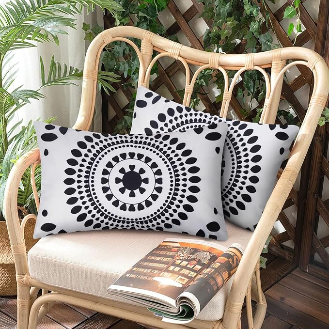 Merrycolor Set of 2 Outdoor Waterproof Throw Pillow Covers 12 * 20 Black and White Pillow Covers Floral Decorative Square Pillowcases Farmhouse Boho Outdoor Pillows for Patio Furniture