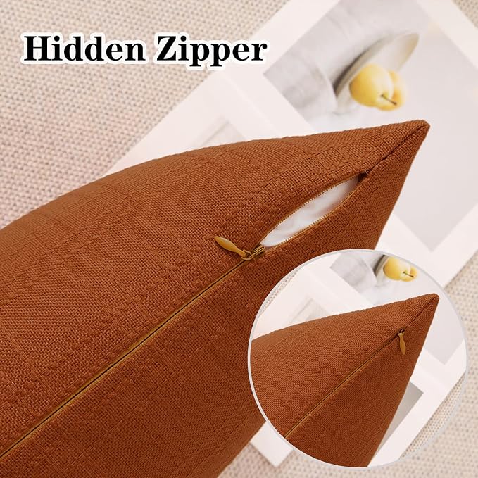Kevin Textile Outdoor Waterproof 24”x24” Pillow Covers 2 Pack, Burnt Orange | Water Resistant, Soft Faux Linen-cotton Yarn-dyed Woven Texture Throw Pillow Covers for Tent Patio Garden Couch Sofa
