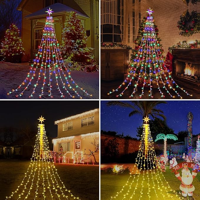 Christmas Decorations, Outdoor Christmas Lights, 320 LED Outdoor Christmas Tree String Lights with 12" Star Toppers [8 Modes& Waterproof] for Xmas New Year Holiday Decor (Dipper Warm+Multi)