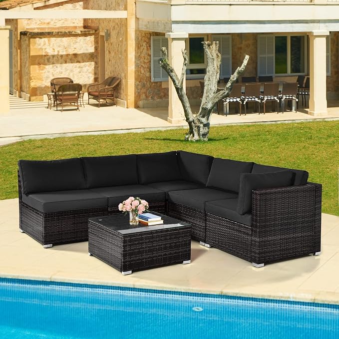 HAPPYGRILL 6 Pieces Outdoor Patio Furniture Set, PE Rattan Conversation Set with Tempered Glass Coffee Table and Cozy Cushions, Weather Resistant Sectional Sofa Set, Black
