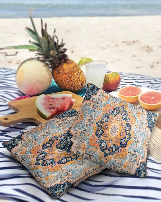 Outdoor Waterproof Pillow Covers Set of 2, Meddle Century Vintage Blue Carpet Mural Pattern Patio Throw Pillow Covers, Decorative Cushion Case for Couch Sofa Furniture Garden, 18x18 Inch