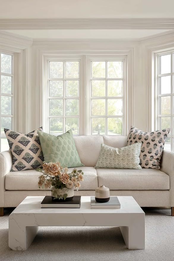 Crumbs Home Modern Farmhouse California Casual Indoor Outdoor Throw Pillow Cover, 20"x20" Water Repellent for Patio, Backyard, Couch, Poolside, Light Green Embroidered Leaves
