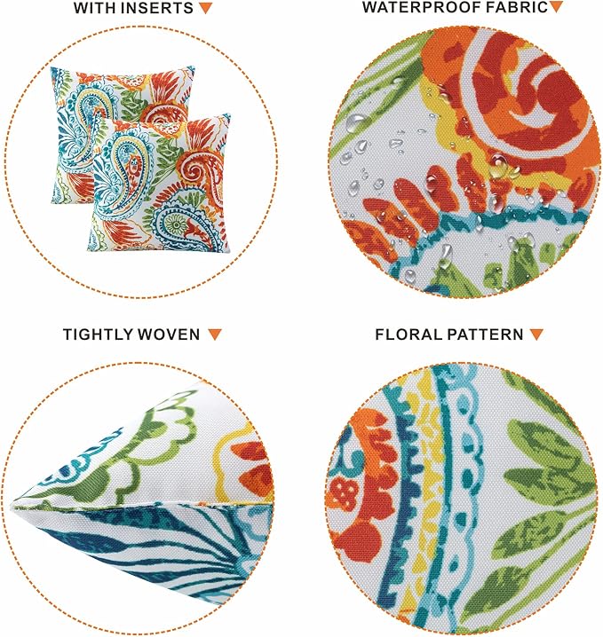 Outdoor Pillows Waterproof 18×18 Inch Decorative Throw Pillows with Inserts | Set of 2 Fade Resistant Patio Pillows for Porch Garden Couch and Patio Furniture