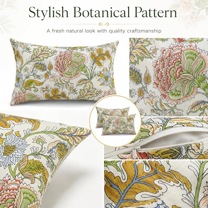Outdoor Lumbar Pillows 12x20, 2 Pack with Inserts,Yellow Floral | 2-Pack 12x20 Outdoor Lumbar Pillows with Inserts, Water-Repellent Covers, Hidden Zippers, Plump Comfort for Patio & Sofa