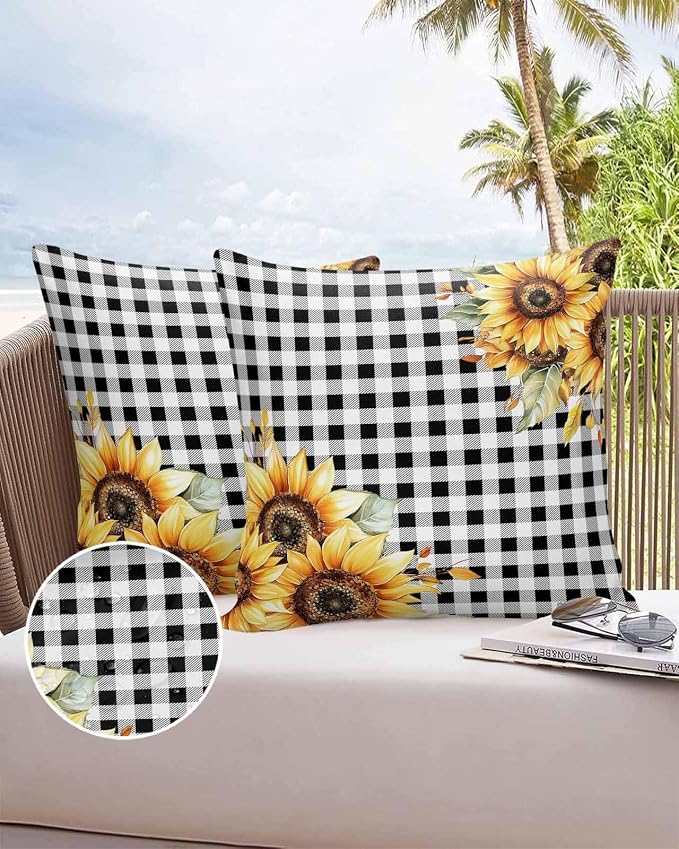 Sunflower Outdoor Waterproof Throw Pillow Covers 18"x18" Set of 2, Buffalo Check Plaid Sunflower Decorative Garden Pillowcase with Zipper Retro Farmhouse Cushion Case for Patio Couch Tent