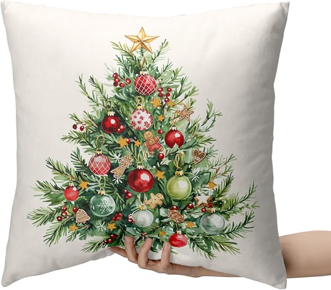 Set of 2 Christmas Tree Pillow Covers Xmas Wreath Throw Pillow Covers Red and Green Decorative Pillow Case 18x18 Winter Holiday Cushion Case for Home Decor Couch Sofa