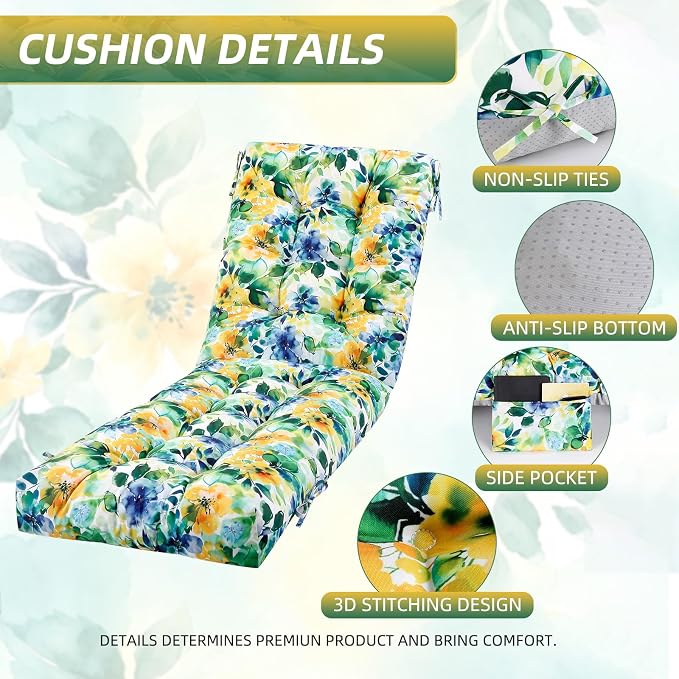Patio Chaise Lounge Cushions, 68"x21"x4.5" Waterproof Replacement Beach Pool Lawn Outdoor Lounge Chair Cushion with Pocket, Non-Slip Bottom & Secure Ties for Outdoor Furniture, Flower Green