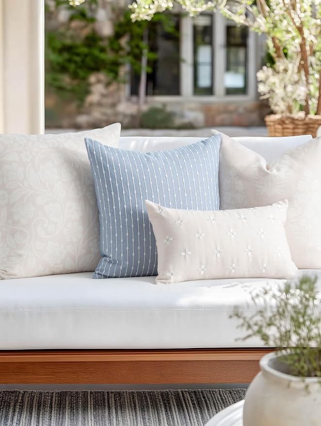 Coastal Linen Indoor Outdoor Lumbar Pillow Cover Only, 12"x20" Water Repellent for Patio, Backyard, Couch, Neutral Beige Small Squares