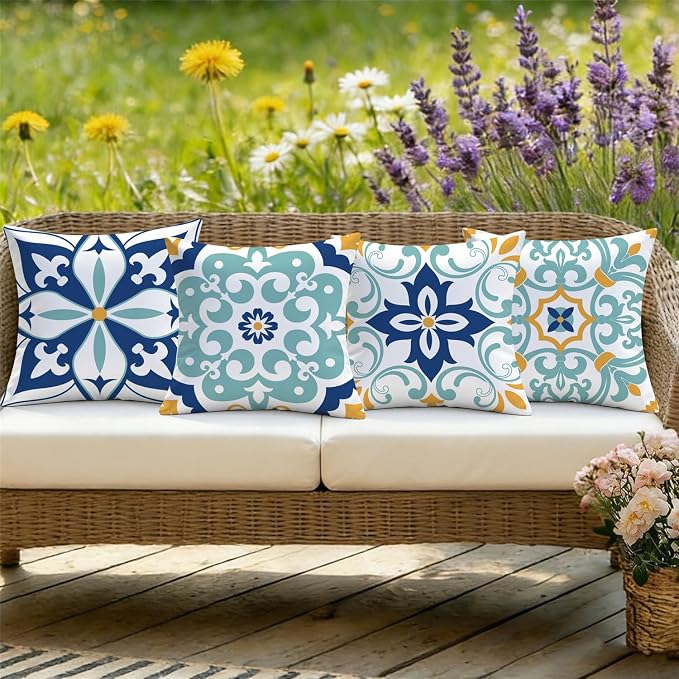 Outdoor Waterproof Throw Pillow Covers 16x16 Set of 4 Floral Boho Decorative Cushion Cases for Patio Furniture Garden Porch Bench Couch Sunbrella