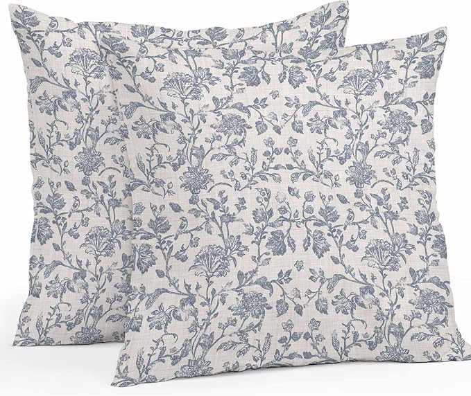 Blue Floral Waterproof Outdoor Pillow Covers 26''x26'' Set of 2, Farmhouse Vintage Botanical Patio Furniture Flower Cushion Covers for Chairs, Decorative Spring Pastoral Pillow Cases for Garden/Pool