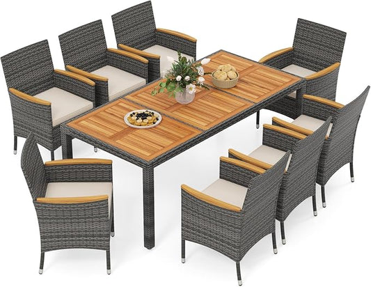 HAPPYGRILL 9 Pieces Patio Dining Set for 8, Outdoor Acacia Wood Table and Rattan Chairs with 2" Umbrella Hole, Cushions, Wicker Outdoor Dining Furniture Set for Backyard, Garden, Deck