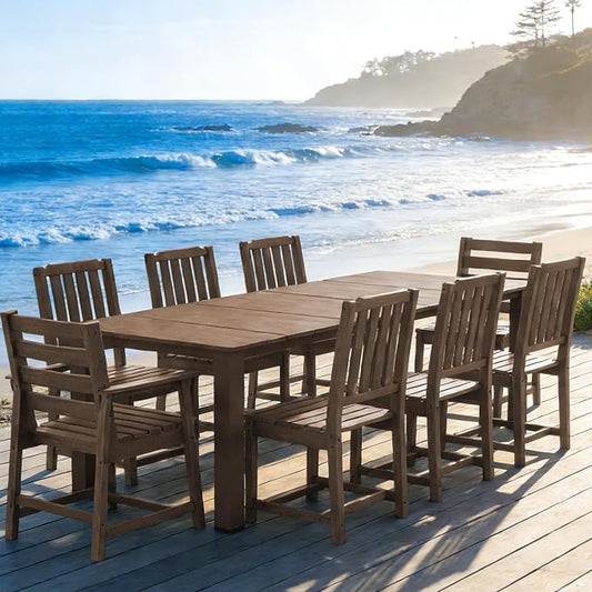 Ayge 9-Piece Outdoor Dining Set – HDPE Patio Furniture for 8 with 2" Hole Cut-Out Table & 8 Chairs, Perfect for Pool, Patio, Garden, Brown
