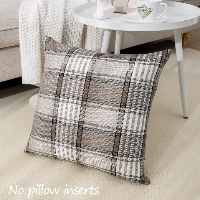 Brown Plaid Farmhouse Checkered Throw Pillow Cover 20x20 for Bed Couch Sofa | Set of 2, Fall Winter Pillow Covers 20 x 20, Cottage Core Decor, Retro Accent Pillow Covers, Khaki Gingham Striped, No Insert