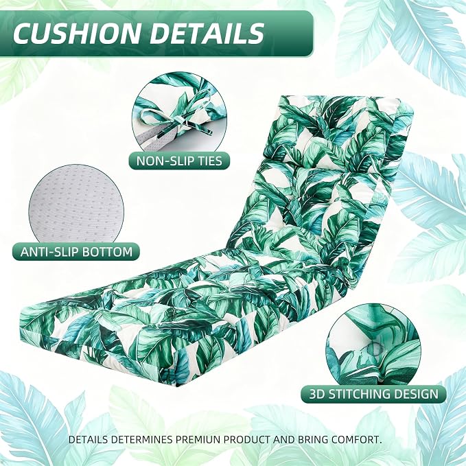 Patio Chaise Lounge Cushions, 70.5"x21"x4" Waterproof Replacement Beach Pool Lawn Outdoor Lounge Chair Cushion, Non-Slip Bottom & Secure Ties for Outdoor Furniture，Agave, 1Count