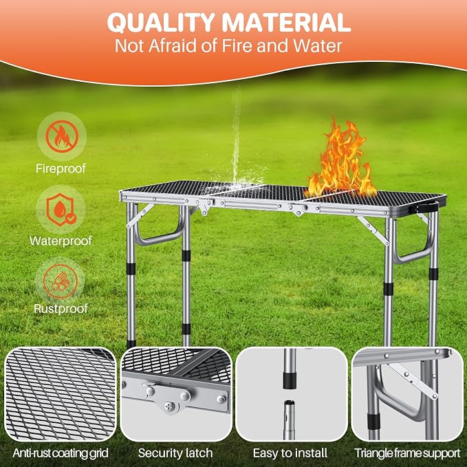 FUNYKICH 3ft Folding Grill Table for Outside 34.2''x15.7'', 3 Height Adjustable Portable Camping Table, Lightweight Metal Aluminum Outdoor Table with Carry Handle for Camping, Picnic, BBQ, Silver