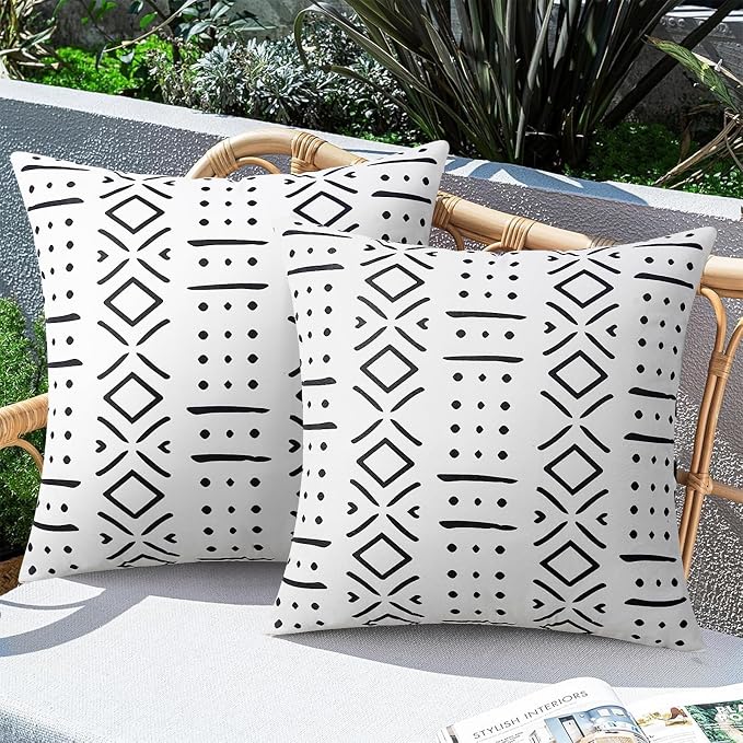 Merrycolor White Outdoor Waterproof Decorative Throw Pillow Covers Set of 2 Bohemian Geometric Pattern Cushion Covers Perfect for Farmhouse Patios and Gardens White