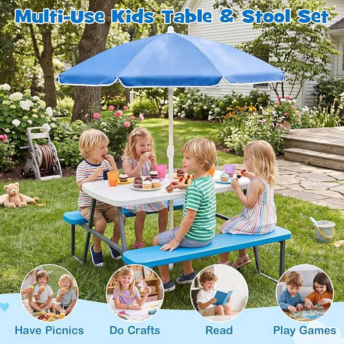 HONEY JOY Kids Picnic Table, 4 Person Toddler Outdoor Table and Chair Set, Built-in Benches, Removable Umbrella, Metal Frame & HDPE Top, Children Outdoor Furniture for Backyard Patio Garden (Blue)