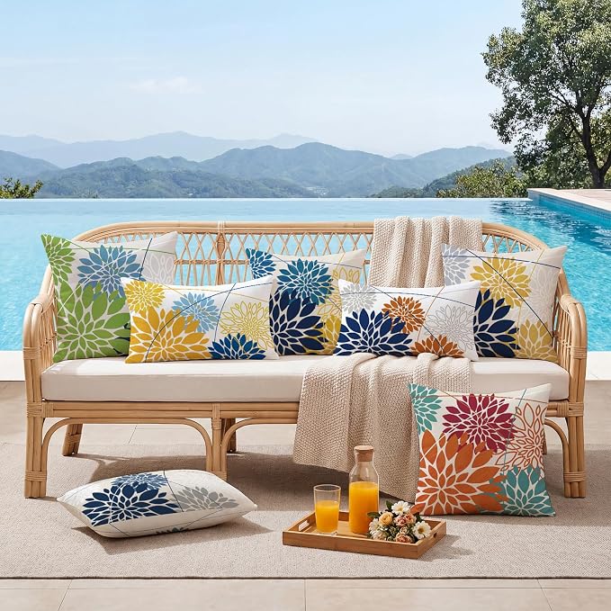 OTOSTAR Outdoor Dark Blue Yellow Pillow Covers 16x24 Inch Set of 2 Light Grey Flower Throw Pillows Geometric Dahlia Floral Lumbar Cushion Case Waterproof Decor for Sofa Patio Funiture Garden