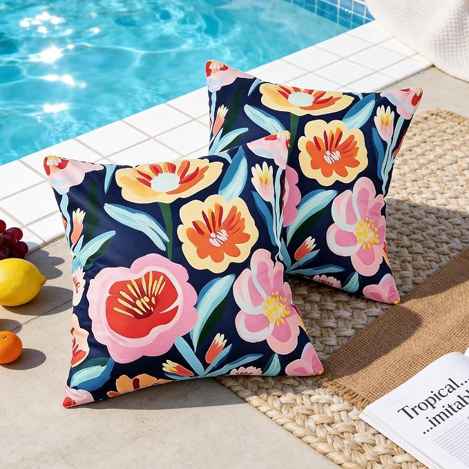 Floral Outdoor Pillow Covers 18x18 Inch Set of 2, Blue Pink Printed Waterproof Throw Pillow Cover Spring Summer Decorative Cushion Cases for Holiday Garden Patio Balcony Furniture Couch Sofa