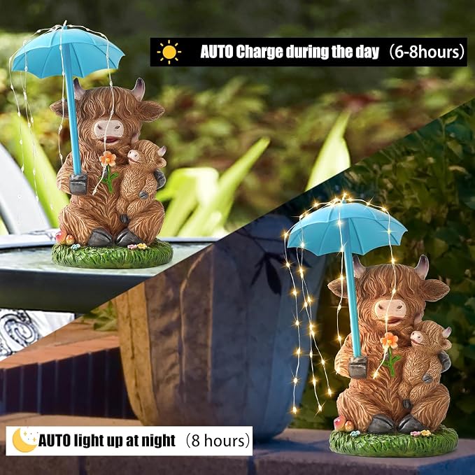 Joint Honglin Solar Highland Cow Garden Statue with Raindrop String Lights, Flashing Umbrella Fairy Lights Outdoor Resin Figurine, Yard Lawn Ornament, Unique Birthday for Mom Grandma