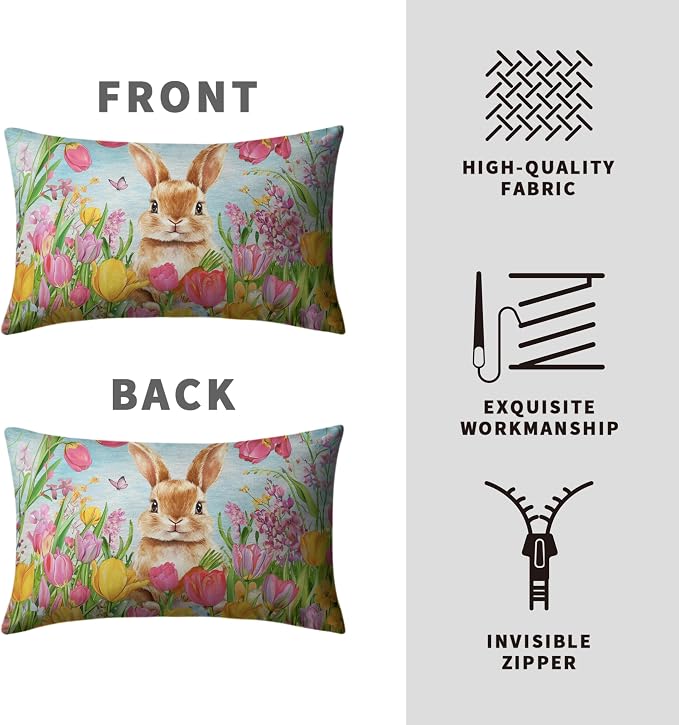 Easter Bunny Lumbar Pillow Covers 12x20 Set of 2 Lovely Rabbit with Tulip Throw Pillow Covers Spring Pillow Case Floral Cotton Blend Cushion Case for Easter Decor Sofa Patio Garden