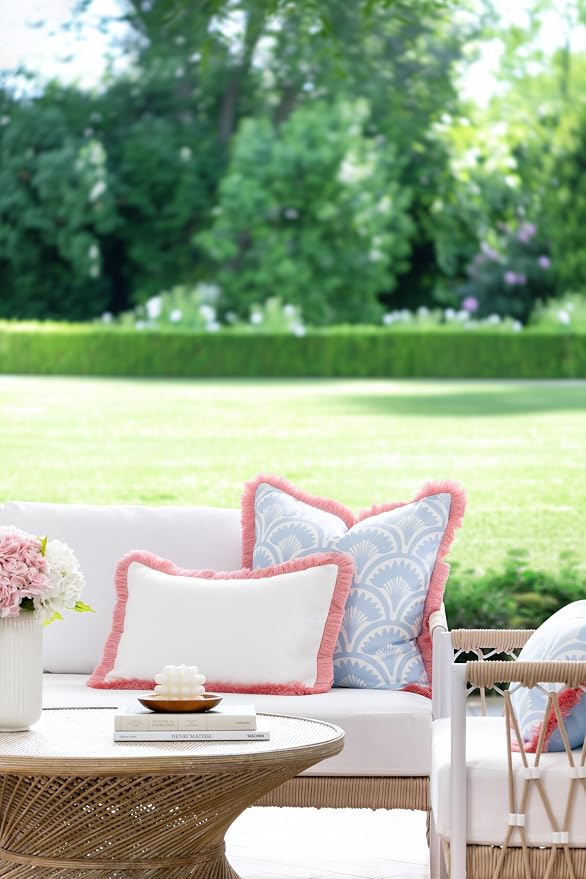 Hofdeco Premium Coastal Grandmillennial Patio Indoor Outdoor Lumbar Pillow Cover Only, 12"x20" Water Repellent for Backyard, Couch, Poolside, White Blush Pink Solid