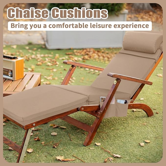 RattanView 2 Pcs Outdoor Chaise Lounge Cushion with Pillow and Side Pockets Waterproof Lounge Chair Cushions for Outdoor Furniture Patio Lounger Pad for Outside Pool Lawn (Brown,72 x 21 x 4)