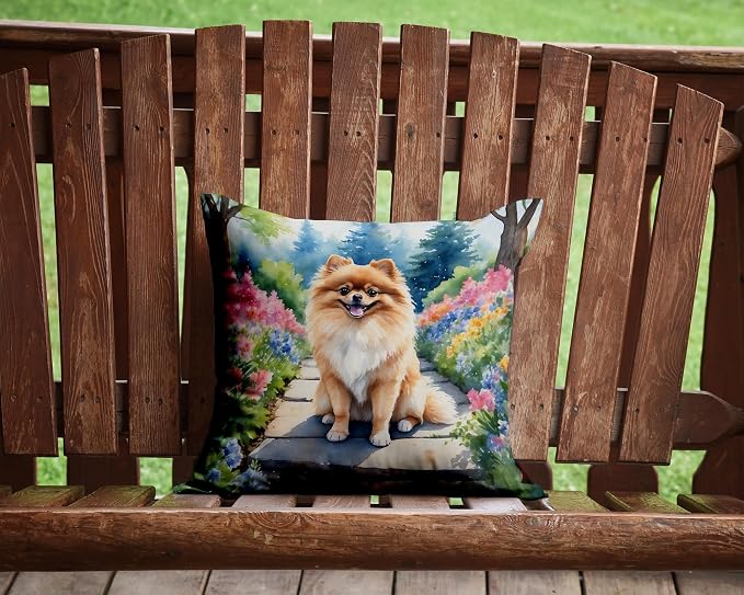 Caroline's Treasures Pomeranian Spring Path Throw Pillow Machine Washable, Indoor Outdoor Decorative Pillow for Couch, Bed or Patio, 14Hx14W
