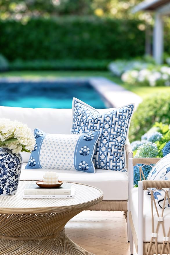 Hofdeco Premium Coastal Hampton Patio Indoor Outdoor Lumbar Pillow Cover Only, 12"x20" Water Repellent for Backyard, Couch, Poolside, Azure Blue Print Block Print Striped Lily of the Valley