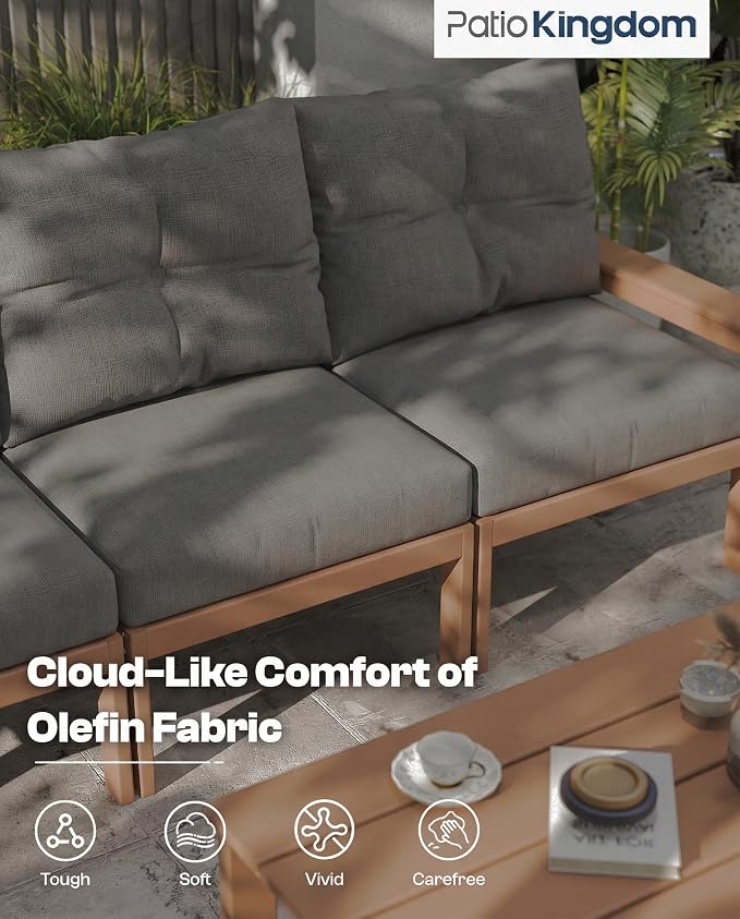 3 Piece HDPE Outdoor Patio Furniture Set, All-Weather 2 Armchairs with Side Table, Patio Conversation Set with Grey Washable Thick Cushion for Balcony/Porch/Backyard (Teak Frame)