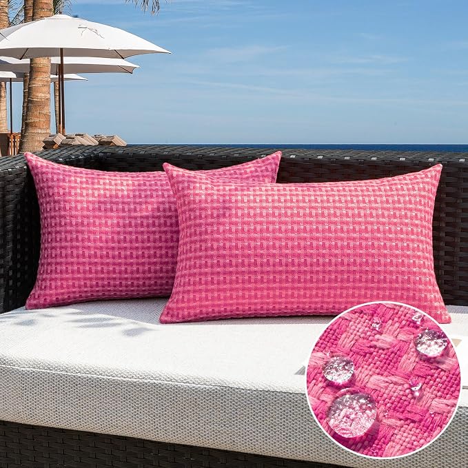 Kevin Textile Outdoor Waterproof 12"x24" Pillow Covers 2 Pack, Hot Pink | Water Resistant Weaving Faux Linen Texture Throw Pillow Covers, Outside Decorative Pillowcases for Garden Patio Balcony Couch