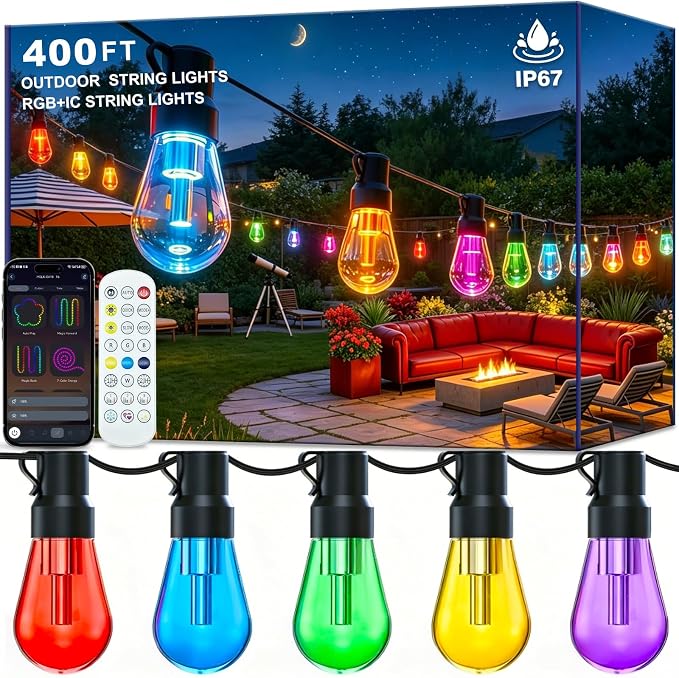 LETIANPAI 400FT RGB+IC Outdoor String Lights, IP67 Waterproof LED Color Changing Clear Bulb String Lights with App & Remote Control, Shatterproof Hanging Patio Lights for Backyard Garden Party