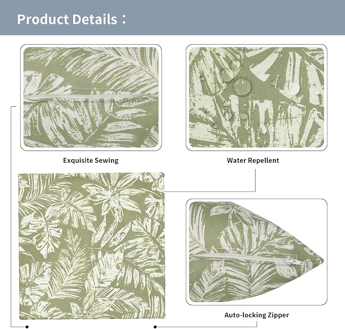 Outdoor Pillow Covers Waterproof 20x20 Inch Set of 2 Tropical Leaf Green Decorative Outside Patio Furniture Cushion Cases Decor for Porch Garden