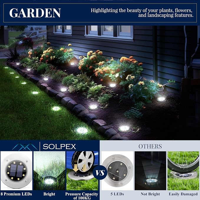 SOLPEX Solar Ground Lights Outdoor, Garden Lights 16 Pack Cool White | IP65 Waterproof Stainless Steel Landscape Lighting for Walkway, Driveway, Pathway, Patio, Backyard Decor