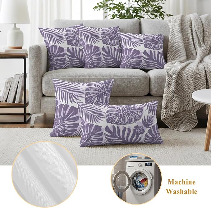 Purple Palm Leaves Outdoor Pillow Covers 20"x12" Set of 2, Tropical Botanical Minimalist Modern Waterproof Throw Pillow Covers for Patio Furniture, Decorative Cushion Covers for Porch