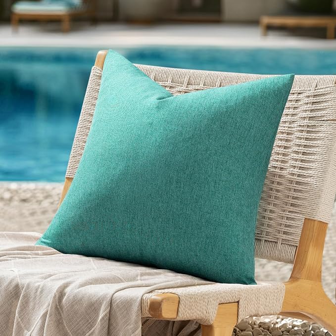 ANRODUO Outdoor Waterproof Pillow Covers for Patio 18x18 Turquoise 2 Pack | Outdoor Pillow Covers for Patio Furniture, Decorative Linen Cushion Sham, Outside Square Pillowcase for Garden Balcony Decor