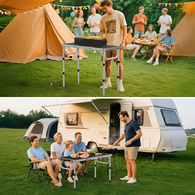 GARLLEN Folding Grill Table, 3 Adjustable Height Portable BBQ Table with Heat-Resistant Mesh Tabletop, Lightweight Aluminum Camping Tables for Outdoor, Grill, Picnic, 34.2" L x 15.7" W, Silver