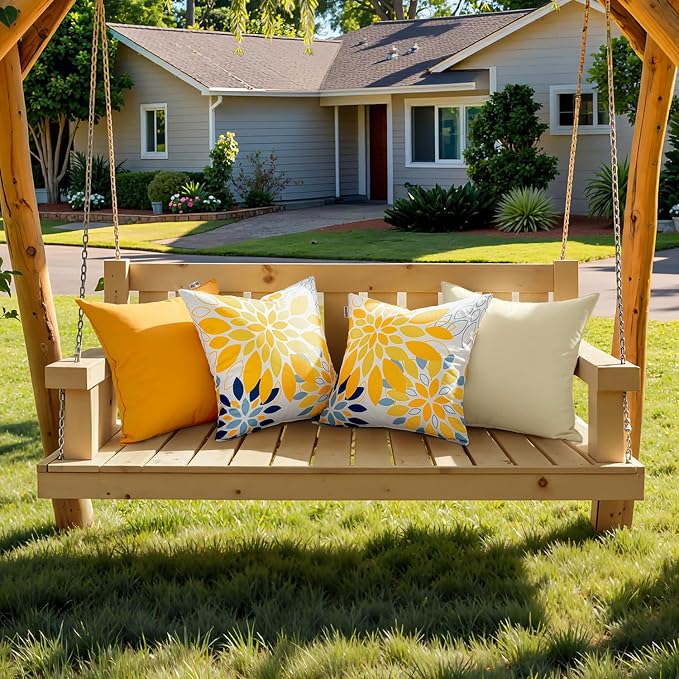 Floral Outdoor Pillow Covers Yellow Blue 16x16 Set of 2 | Waterproof Throw Pillow Cases Spring Decorative Summer Cushion Covers for Patio Furniture Garden Bench Porch Sofa