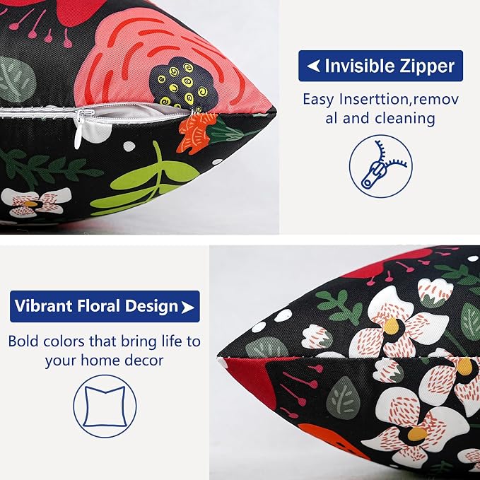 Pyonic Waterproof Outdoor Pillow Covers 18x18 Set of 2, Colorful Floral Decorative Cushion Covers for Patio Furniture, Garden, Balcony,Sunbrella，Boho Nordic Outdoor Indoor Home Decor，Black
