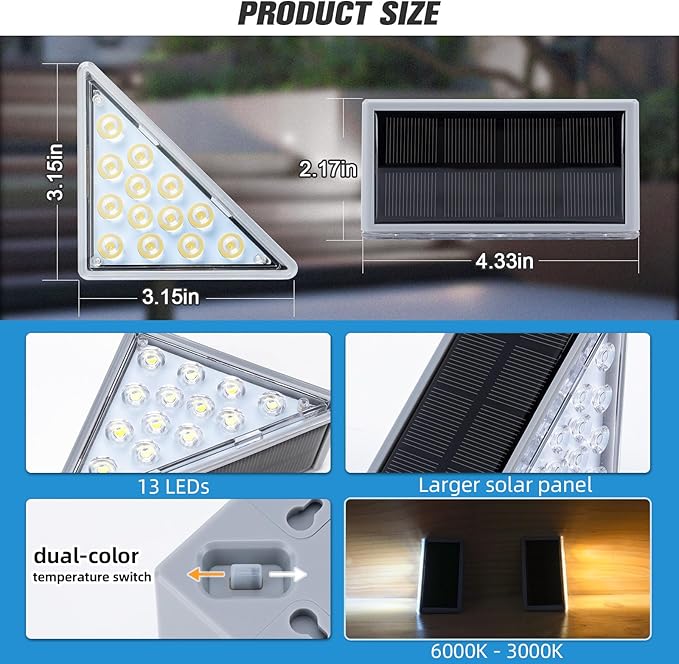 Solar Step Lights 24 Pack - Outdoor Stair Lights with 3000K Warm White & 6000K Cool Daylight, IP67 Waterproof, Auto On/Off, Super Bright for Deck, Patio, Steps