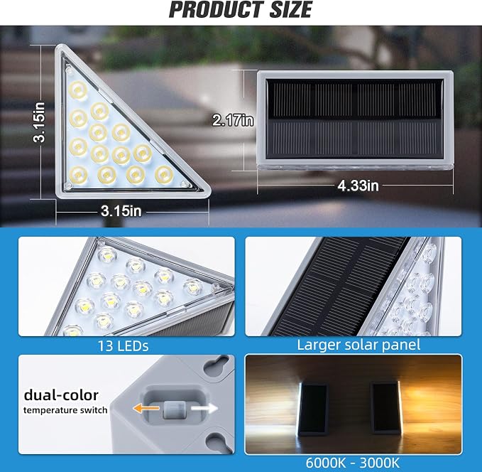 Solar Step Lights 8 Pack - Outdoor Stair Lights with 3000K Warm White & 6000K Cool Daylight, IP67 Waterproof, Auto On/Off, Super Bright for Deck, Patio, Steps