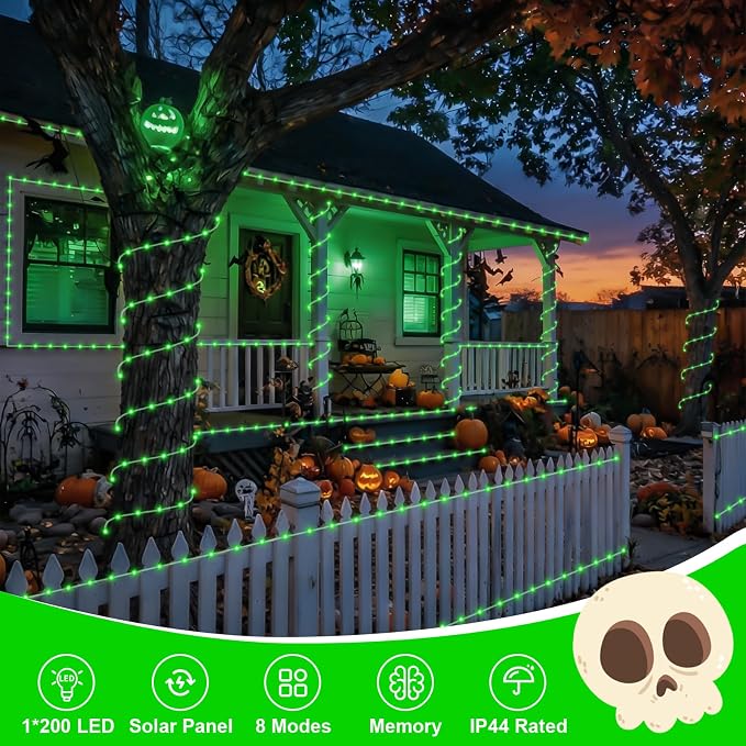 QITONG Green Solar Halloween Lights, 66ft 200 LED Solar Rope Lights Outdoor, 8 Modes Fairy Lights in Clear Thin Tube