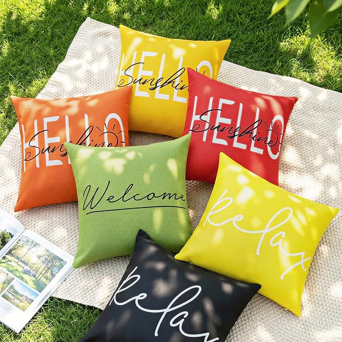 Lewondr Waterproof Outdoor Throw Pillow Cover, 18×18", Yellow | 2 Pack, Hello Sunshine Printing, Summer Garden Decor, For Patio Sofa, Balcony Couch, Bench Porch